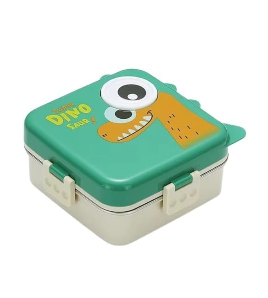 Dinosaur Printed 3 Compartment 1120ml+70ml Stainless Steel Lunchbox- Stainless Steel, Reusable, Leakproof & Freezer Safe